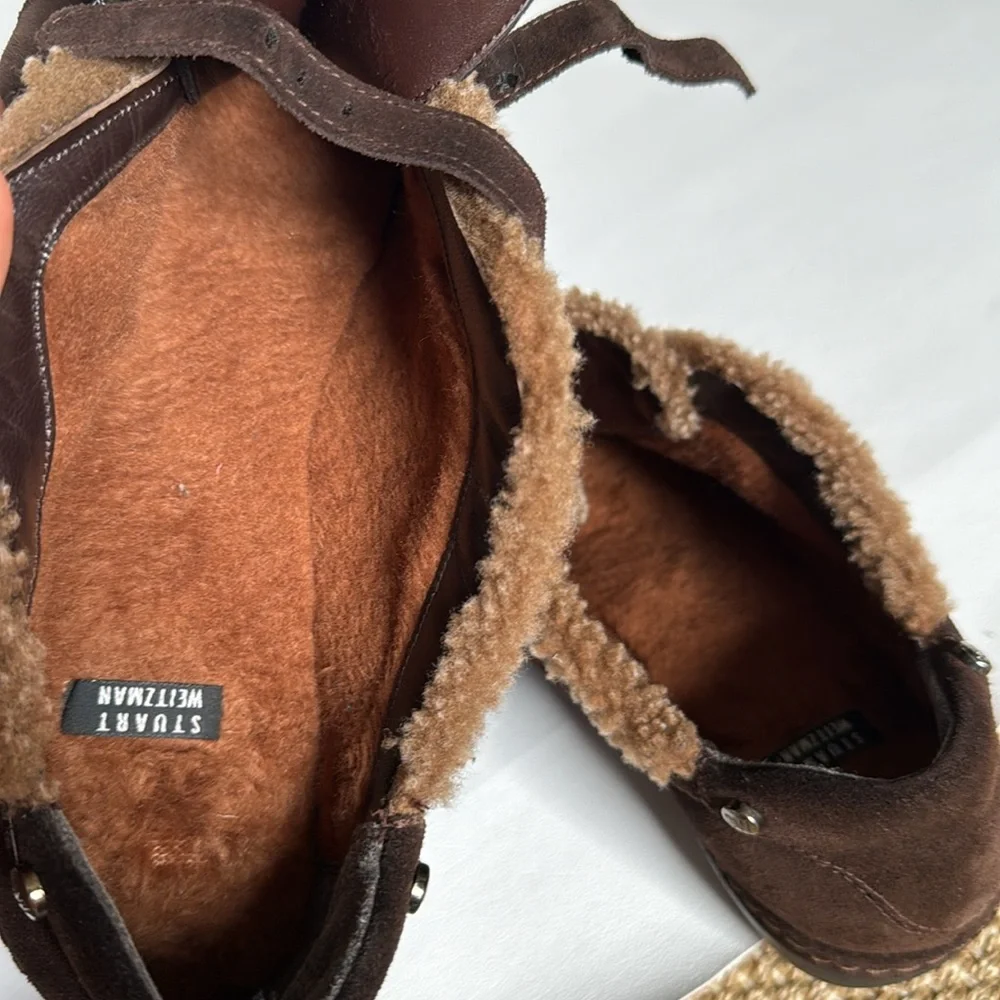 Stuart Weitzman Shoes 7.5 M Sherpa Trimmed Slip On  Brown Suede buckles - Picture 7 of 8